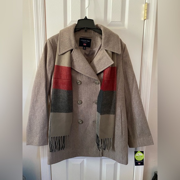 London Fog Women's Beige Peacoat with Striped Scarf - Picture 1 of 4